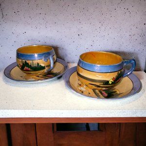 2 Vintage RS Japan 1950s Peach and Blue Lustreware Cups and Saucers *read*